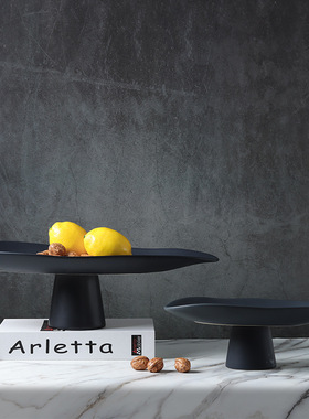 黑白高脚陶瓷果盘托盘收纳摆件餐桌茶几床头柜书桌桌面装饰品用品