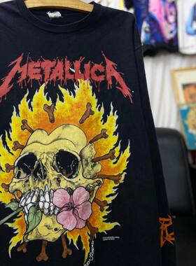 罕见！水洗破坏重磅tee！Metallica  Burning Flower高街长袖T恤