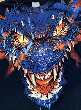 90s Liquid Blue Dragon 大印花做旧嘻哈摇滚Oversize重磅短袖T恤