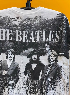罕见！The Beatles 披头四摇滚乐队满印复古做旧大码重磅短袖T恤