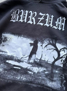 BURZUM 挪威摇滚乐队专辑封面复古水洗做旧重磅连帽卫衣