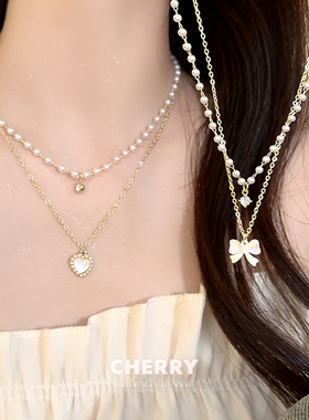 双层爱心蝴蝶结珍珠项链