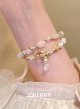 天然粉水晶珍珠手链女双层