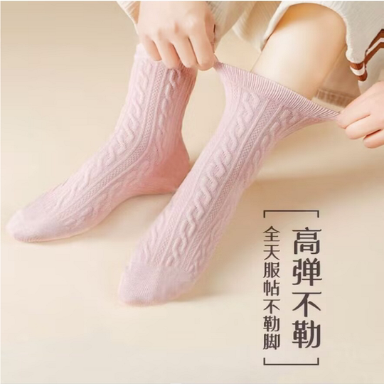 Korean version of spring and autumn new style of twisted vertical striped socks for women's middle tube solid color pile confinement socks retro forest style ins trend