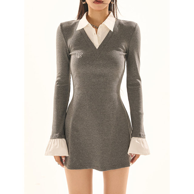 Wild Zero Black -gray Fake two long -sleeved shirt dress female spring and autumn waist bottom knitted skirt