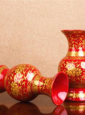 唐彩陶瓷花瓶无字真金红色莲花瓶供佛佛堂用品描金观音净水瓶包邮