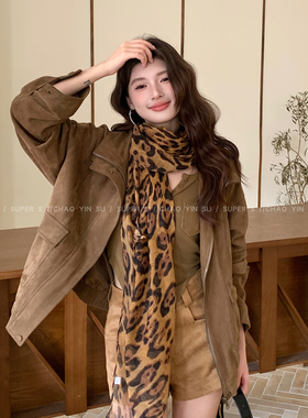 复古回潮！咖色系豹纹印花丝巾女薄款老钱风氛围感围巾披肩配饰品