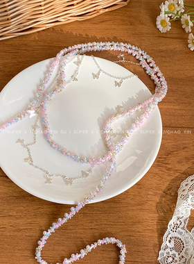 多层叠戴蝴蝶串珠项链