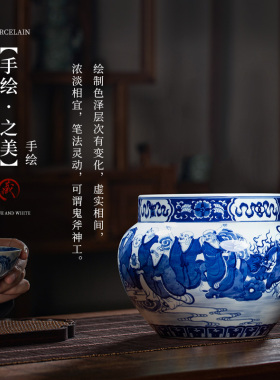 钟家窑景德镇陶瓷青花瓷花瓶柴窑手绘十八罗汉缸仿古瓷瓶客厅摆件