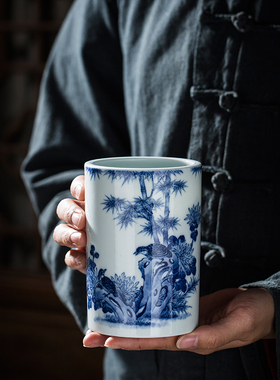 景德镇陶瓷手绘青花柴窑书房笔筒