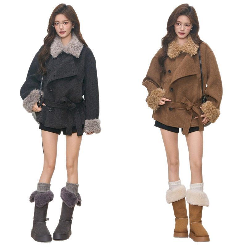 现货新品 WESTAYONE毛领加厚毛呢大衣外套女士小个子高级+阔腿裤 - 图3