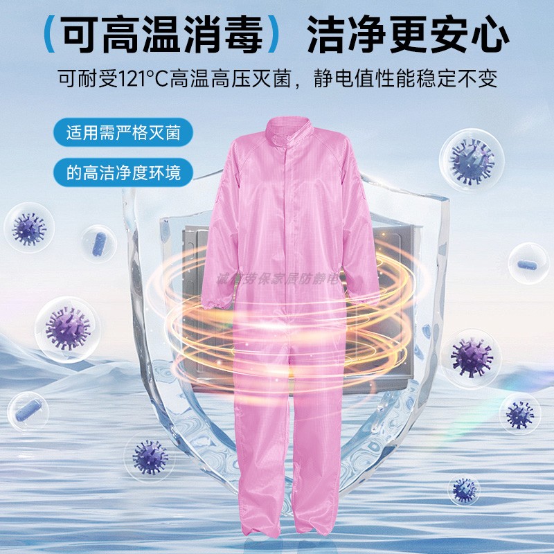 百级净化连体无尘服防静电塑料拉链5MM网格洁净室粉色连帽防尘服 - 图0