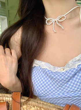 韩国东大门ins风简约珍珠蝴蝶结项链女小众高级感皮绳颈带锁骨链