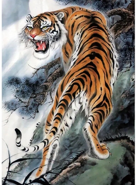 中式老虎画挂画贴画猛虎玄关书房