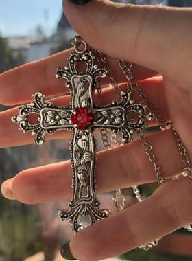 Gothic Big Zircon Cross Necklace Unisex Y2K Irregular Goth L