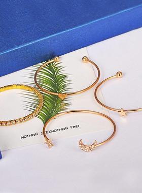 时尚星月镶钻光面桃心星星手镯 四件套手饰