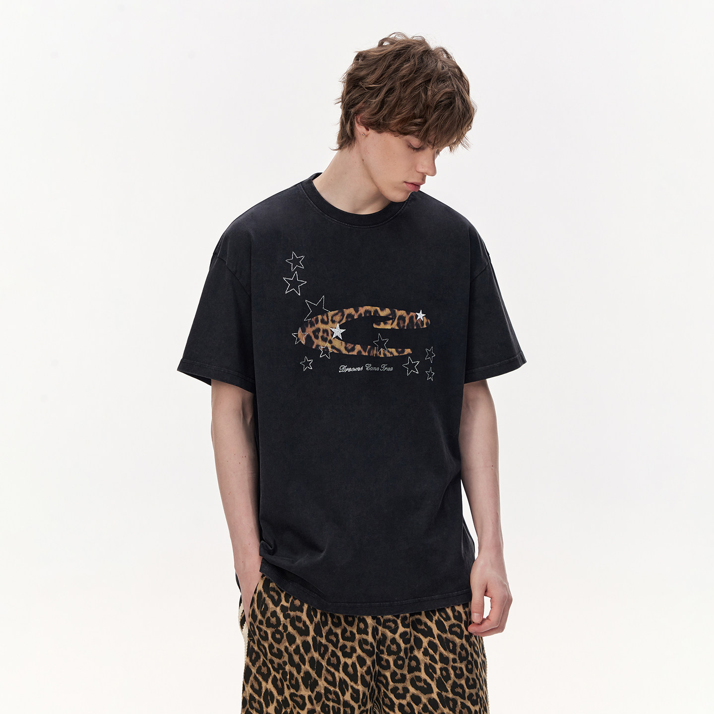 CLIMAX VISION纯棉做旧水洗炒色星星烫钻豹纹字母印花短袖T恤男,淘宝优惠券,粉丝福利购,淘宝优惠卷