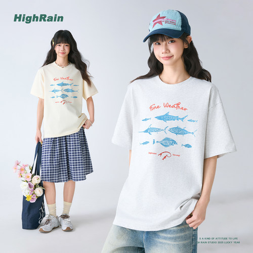美式复古鱼纹印花短袖t恤女夏季新款潮牌灰色纯棉学院风情侣半袖 - 图0