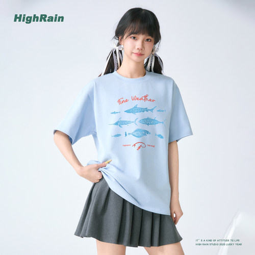 美式复古鱼纹印花短袖t恤女夏季新款潮牌灰色纯棉学院风情侣半袖 - 图2
