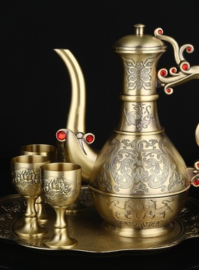 欧式白酒酒具套装创意复古青铜白酒杯家用高档刻花烈酒杯大号礼盒