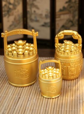 黄铜一桶金摆件招财黄铜迷你小水桶办公桌客厅创意一统江山工艺品