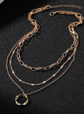 Gold Color Multi Layered Chains Necklace for Women Girls Cir