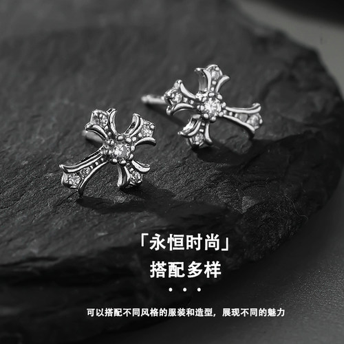 韩版十字架耳钉男S999纯银时尚百搭潮流简约足银耳饰男士 - 图1