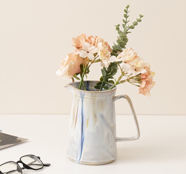Nordic retro pastoral style glazed ceramic vase creative home gardening one-ear kettle flower arrangement decorative flower vessel