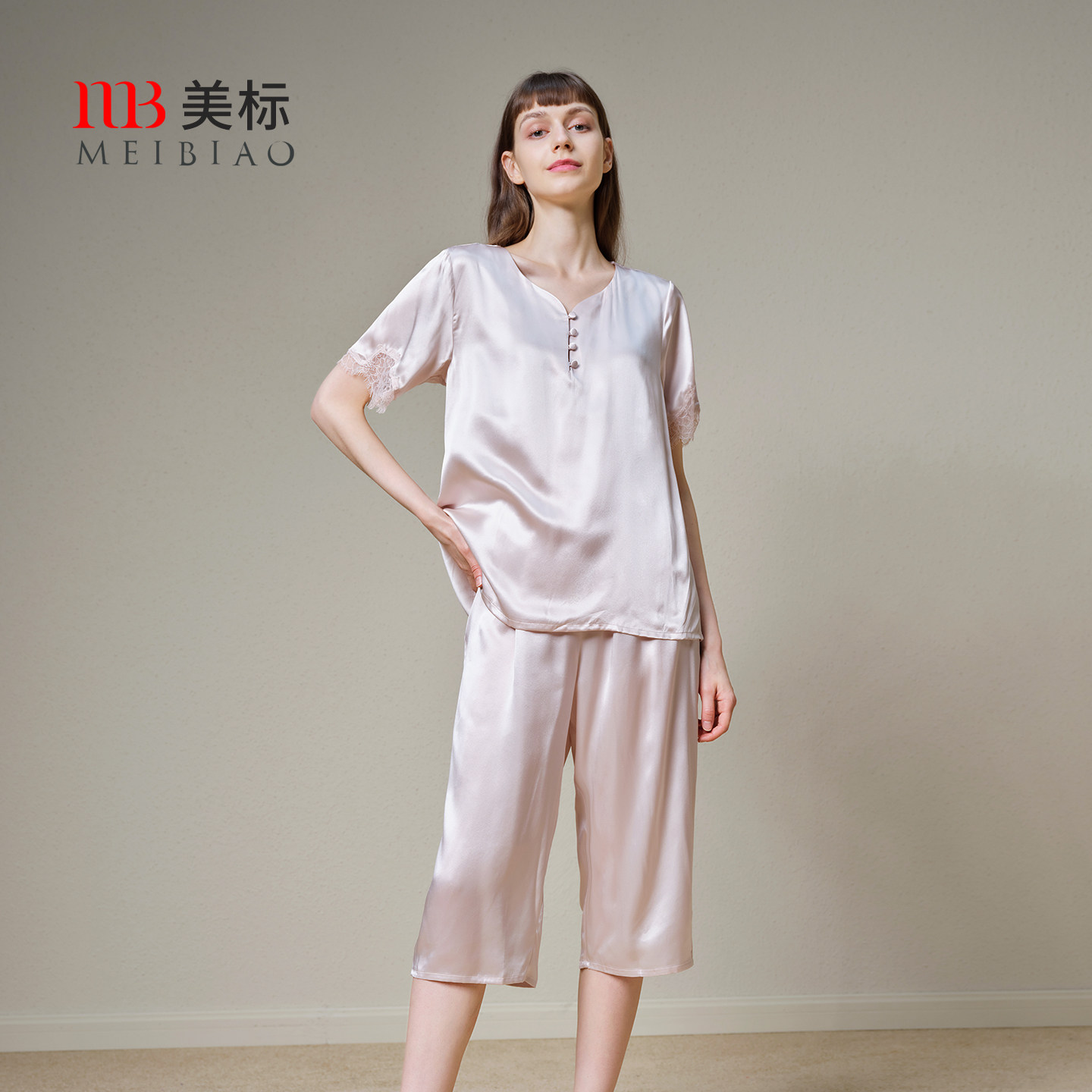 美标6A级真丝短袖睡衣套装女春夏100%桑蚕丝蕾丝可外穿丝绸家居服