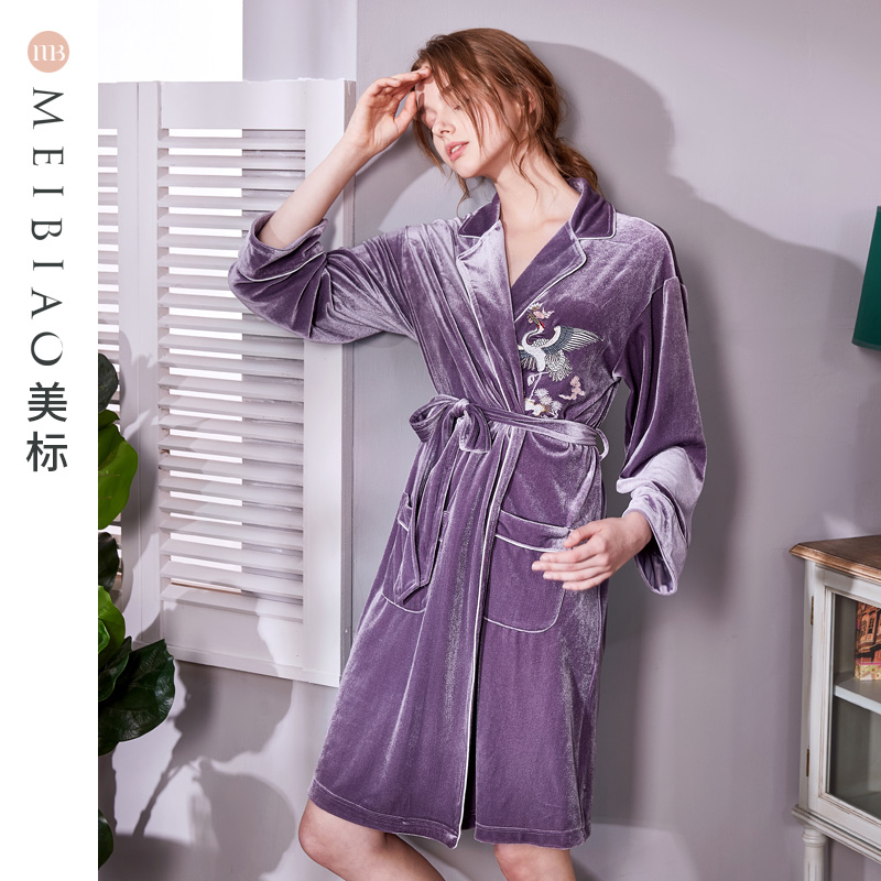 美标丝绒秋冬季中国风刺绣睡袍 美标服饰宝航专卖睡袍/浴袍