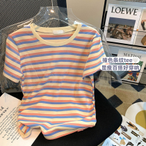 East Gate Round collar striped short sleeve T-shirt woman 2023 Summer new temperament Less Crowdhit Color Compassionate Blouse