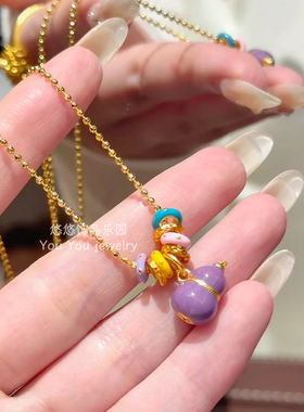 新中式珐琅彩紫色葫芦彩色跑环项链女小众设计多巴胺福禄锁骨链