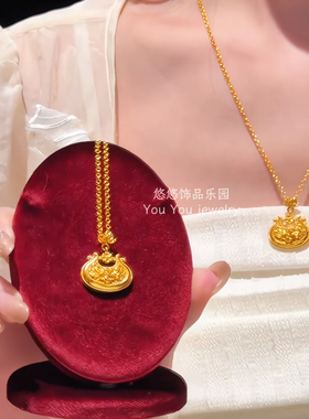 新中式沙金花丝百合如意锁包项链女小众设计立体花卉平安锁毛衣链