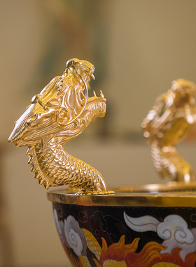 台湾黄铜景泰蓝浴佛盆九龙吐水