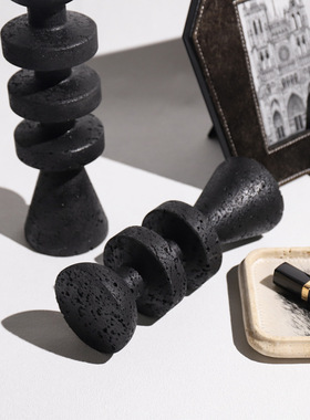 侘寂风黑色洞石烛台摆件客厅玄关餐厅家居样板间摆件