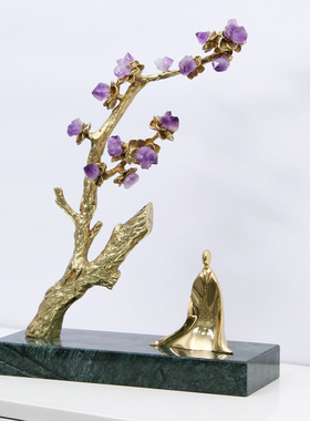 新中式黄铜水晶发财树摆件客厅玄关电视柜酒柜书柜送礼装饰品