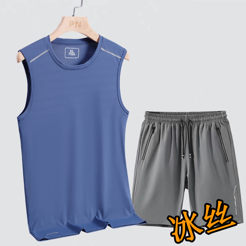 L-8XL男士夏季冰丝套装圆领无袖上衣运动健身背心短裤男休闲T恤