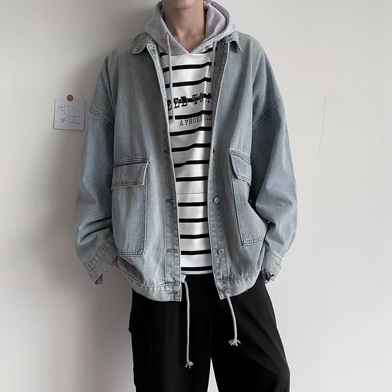 美式纯色简约口袋翻领蓝色百搭夹克春秋季韩版宽松牛仔外套复古,淘宝优惠券,粉丝福利购,淘宝优惠卷