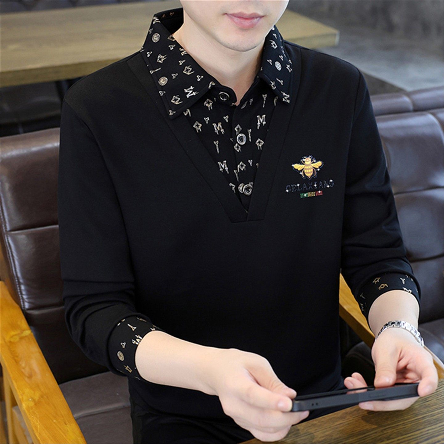 高档假两件卫衣男士加绒加厚长袖T恤打底衫翻领男装2025秋冬潮流,淘宝优惠券,粉丝福利购,淘宝优惠卷