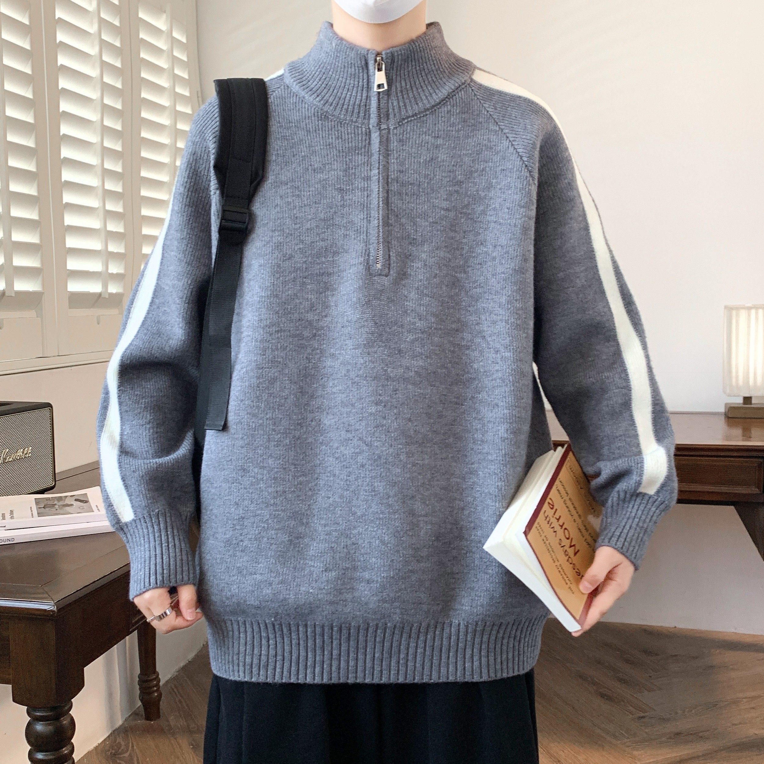 秋冬学院风半拉链立领毛衣男青少年加厚针织衫学生帅气休闲打底衫,淘宝优惠券,粉丝福利购,淘宝优惠卷