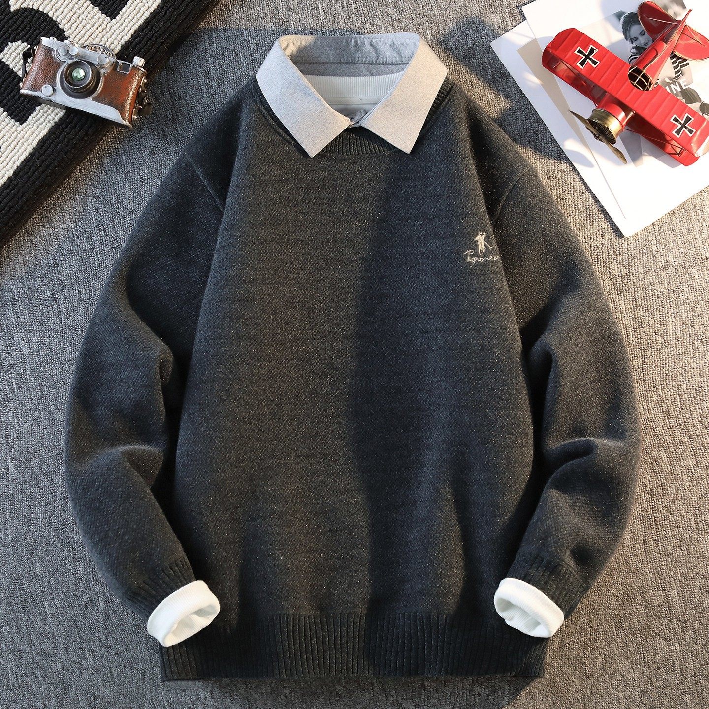 假两件毛衣男款冬季潮牌高品质刺绣衬衫领加绒加厚男装针织打底衫,淘宝优惠券,粉丝福利购,淘宝优惠卷