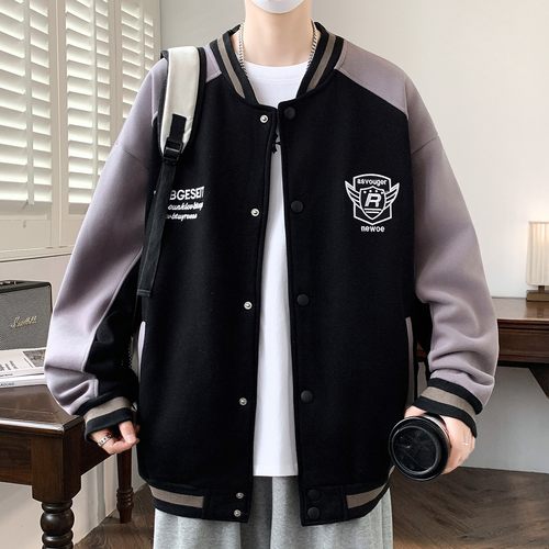 徽章刺绣棒球服男春秋冬季学院风加绒加厚夹克青少年宽松休闲外套 - 图0
