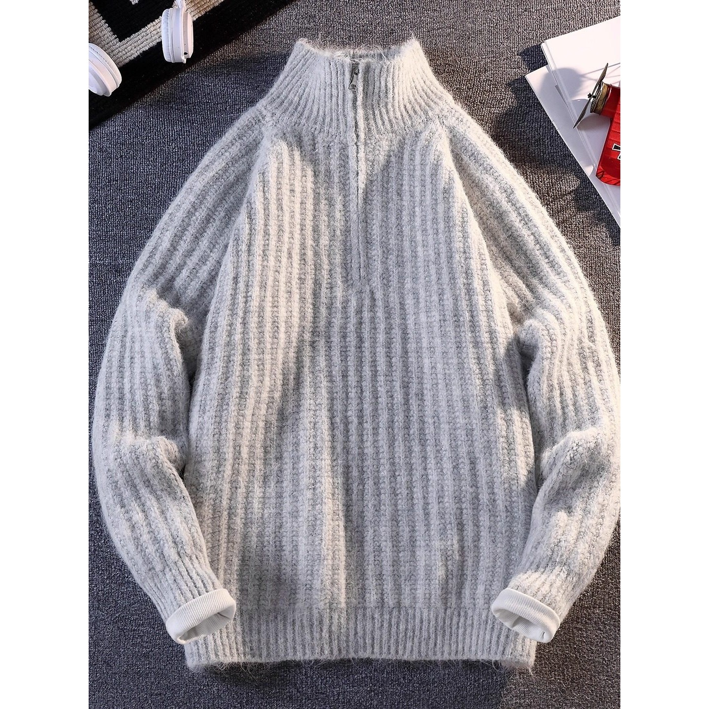 半拉链羊毛混纺立领毛衣男冬季宽松肌理感高领加厚慵懒风针织外套,淘宝优惠券,粉丝福利购,淘宝优惠卷