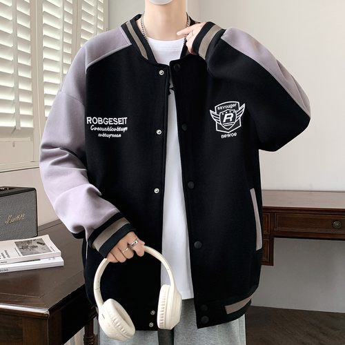 徽章刺绣棒球服男春秋冬季学院风加绒加厚夹克青少年宽松休闲外套 - 图1