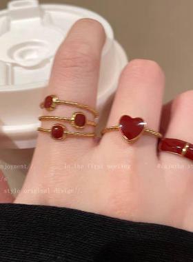 义乌市彤衫饰品安可拉红爱心滴釉戒指女款新款轻奢复古食指戒高级