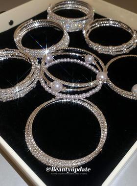 义乌市宝钰饰品人造珍珠款多层镶钻弹力手镯精致时尚手环华丽高级