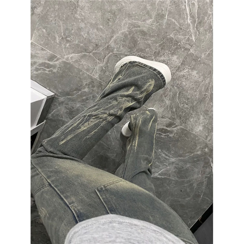 水洗黄泥色闪电纹扎染牛仔裤女美式高街vibe裤子显瘦直筒微喇长裤,淘宝优惠券,粉丝福利购,淘宝优惠卷