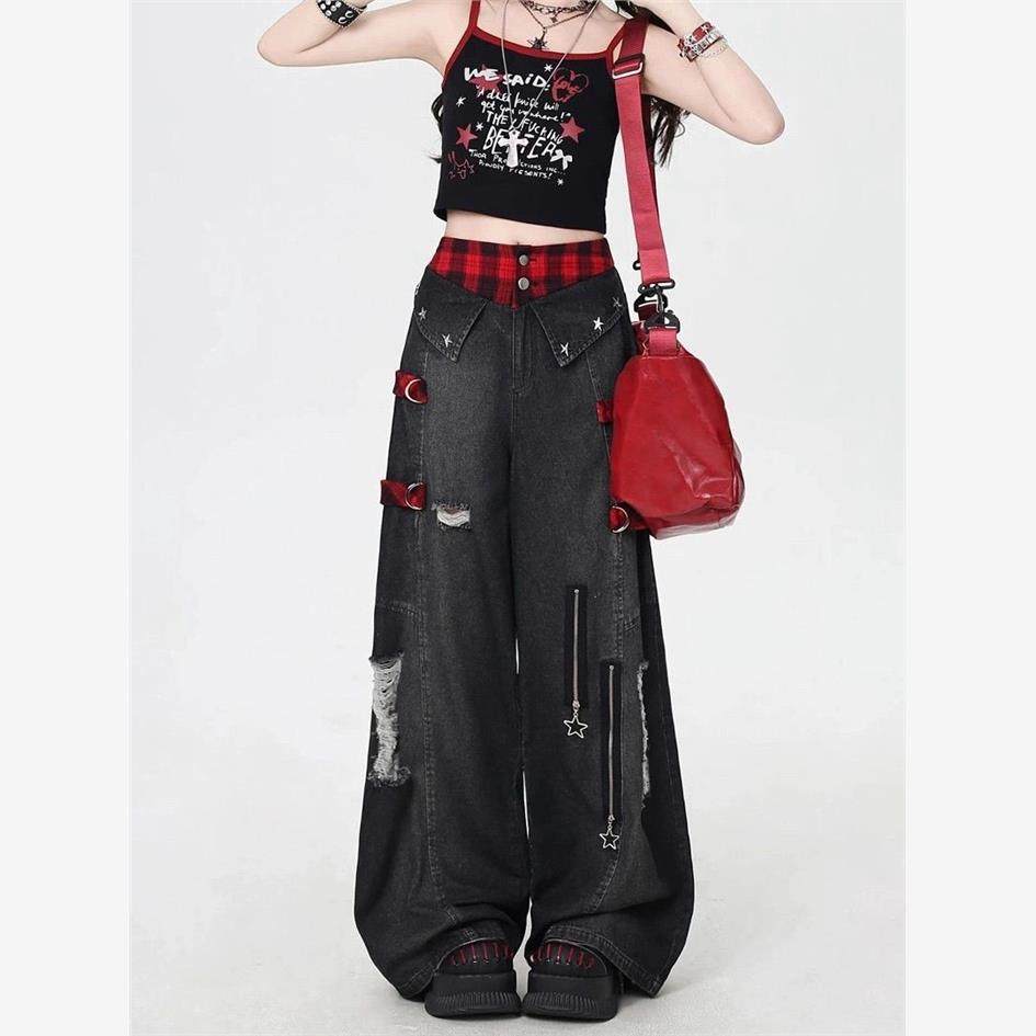 水洗做旧破洞重工高腰牛仔裤女秋季新款设计感宽松显瘦阔腿拖地裤,淘宝优惠券,粉丝福利购,淘宝优惠卷