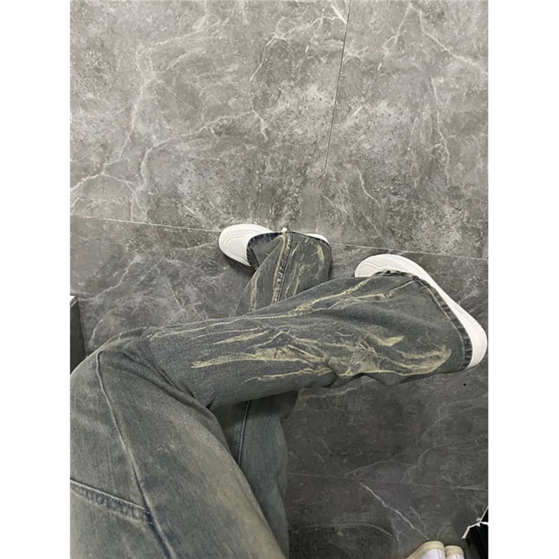 水洗黄泥色闪电纹扎染牛仔裤女美式高街vibe裤子显瘦直筒微喇长裤,淘宝优惠券,粉丝福利购,淘宝优惠卷