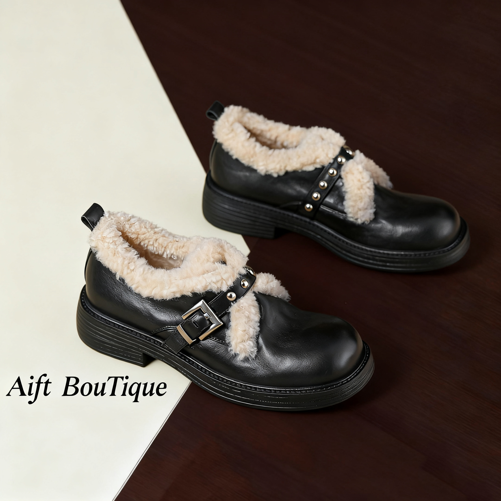 牛皮英伦毛毛小皮鞋秋冬新款百搭皮带扣粗跟羊绒单鞋女雪地靴子女 - 图2